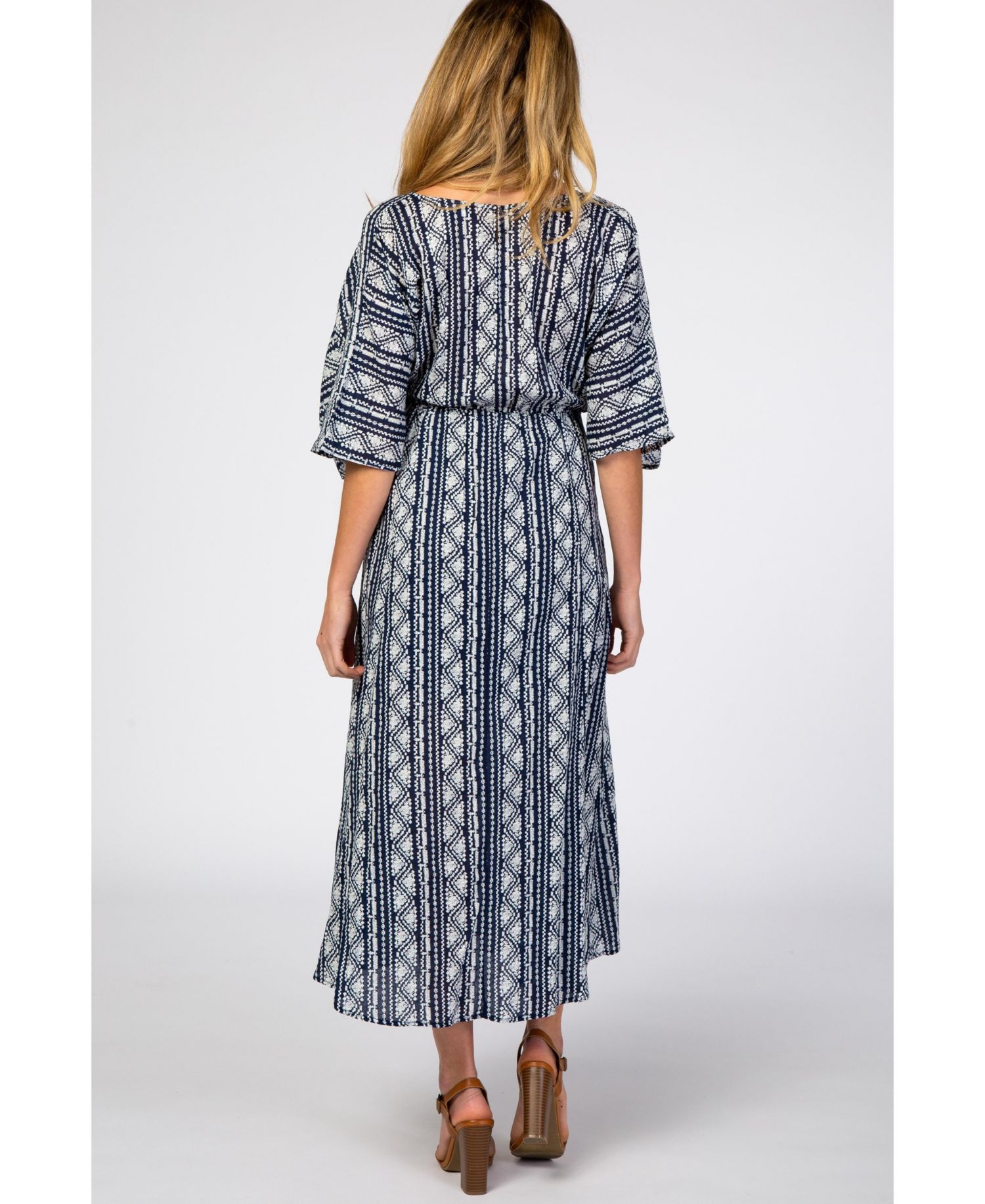 Women's Navy Printed V-Neck Midi Dress