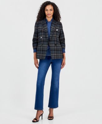 Women's Plaid  Blazer, Cotton Tie-Neck Button-Front Top & Leo High-Rise Bootcut Jeans