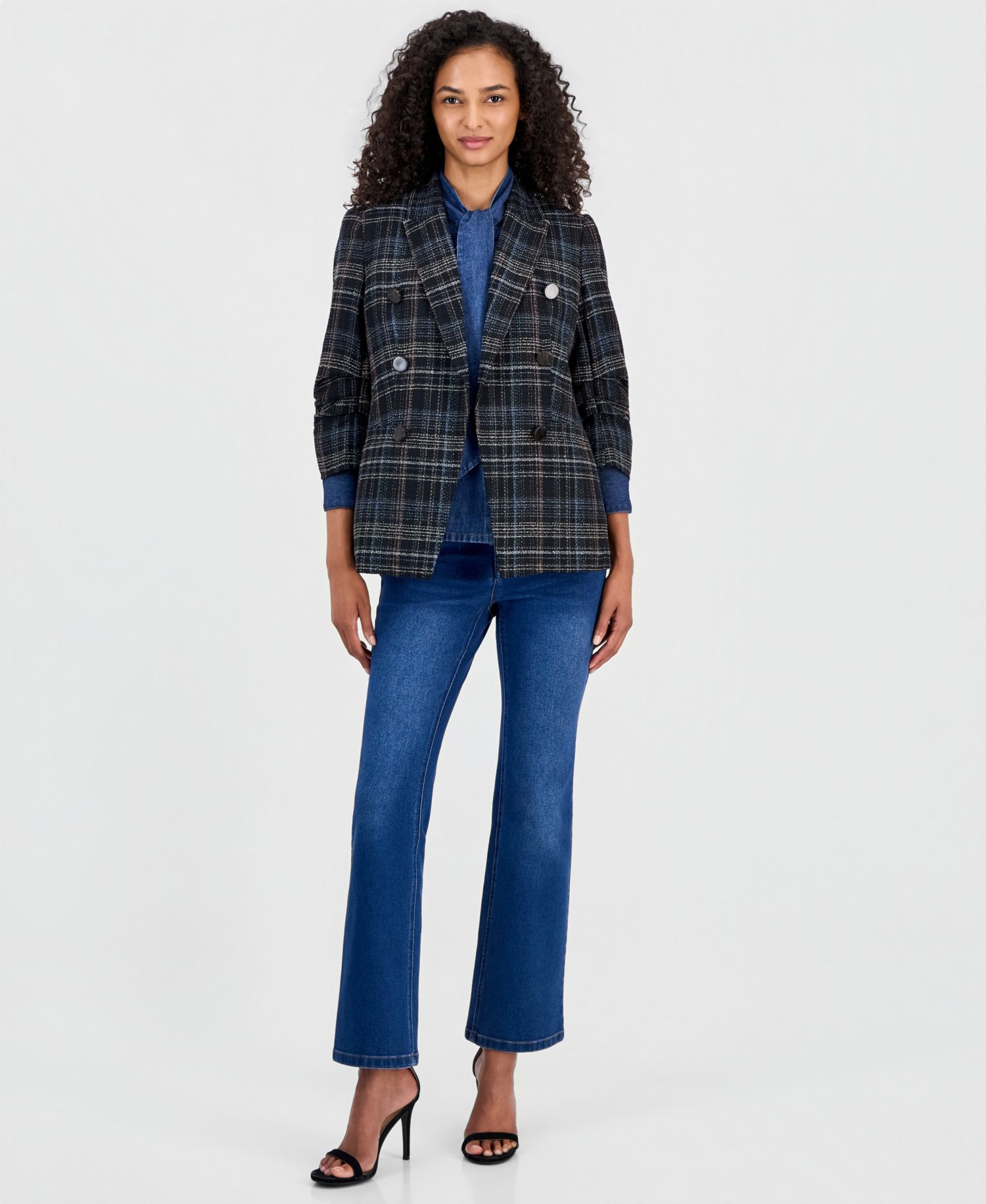 Women's Plaid Blazer, Cotton Tie-Neck Button-Front Top & Leo High-Rise Bootcut Jeans