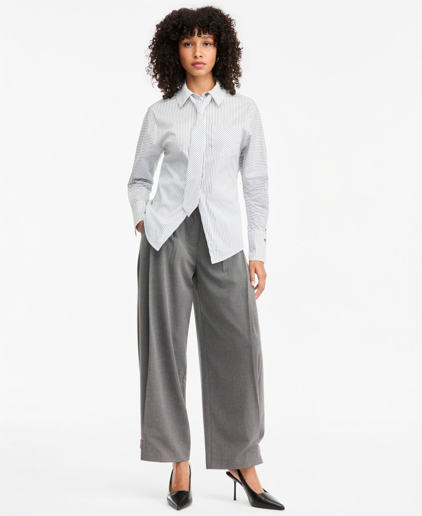 Женская рубашка Bar III Poplin Point-Collar Tie, цвет: Белый комбинированный — фото 3