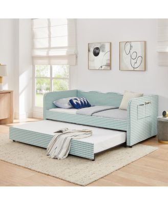 Gingham Upholstered 3-in-1 Twin Daybed with Trundle and Storage