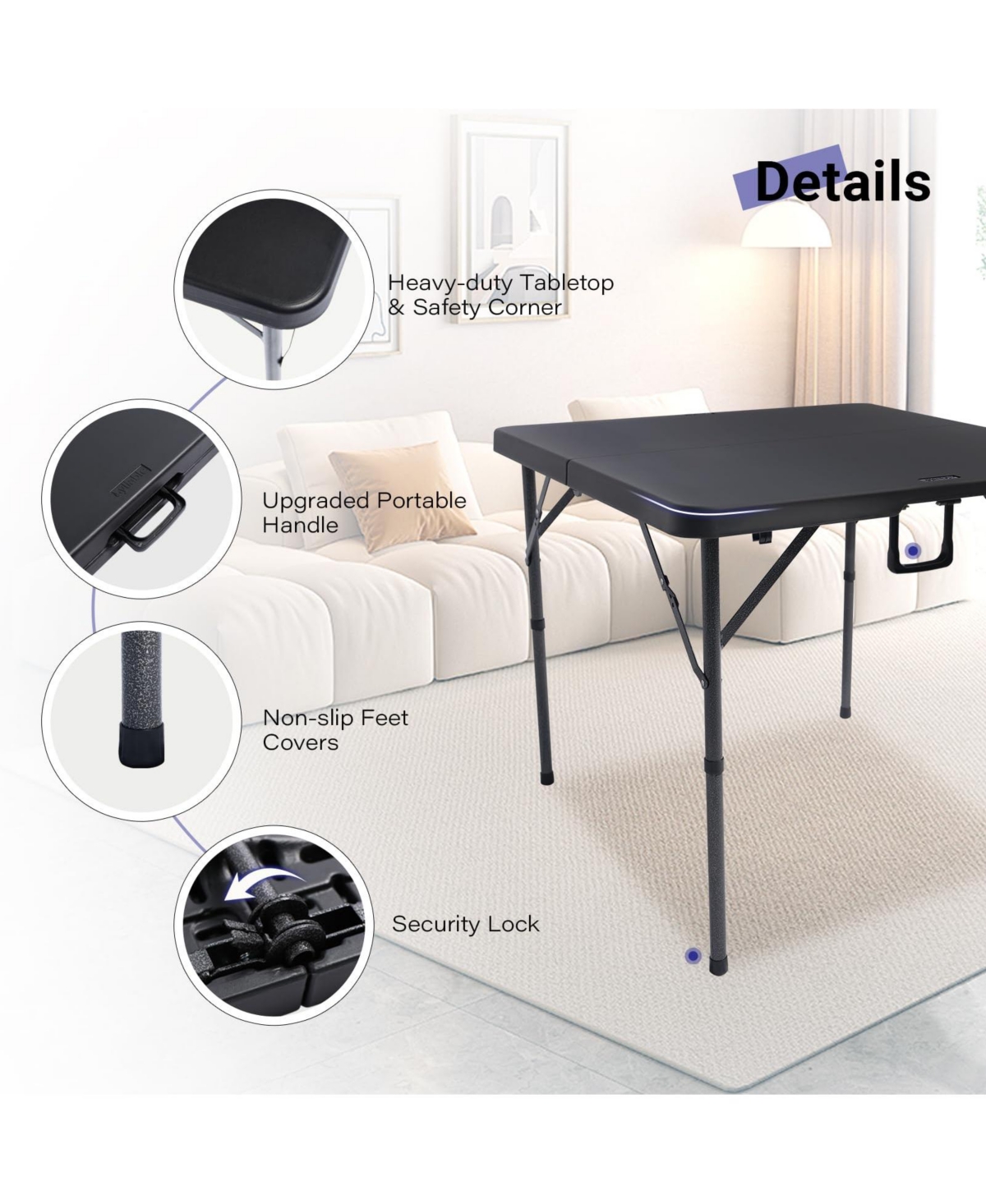 Aofar 34" Square Folding Card Table Portable Hdpe Plastic Indoor Outdoor Picnic Camping Party