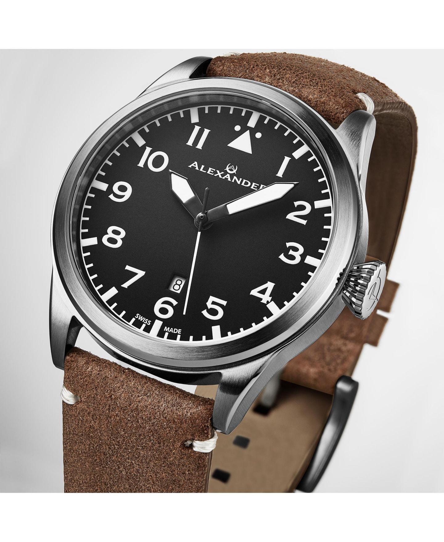 Мужские часы Alexander Swiss Made Aviator A601.02 Quartz Watch with Dial, Suede Leather Strap, Sapphire Crystal, 42mm, цвет: Коричневый — фото 7