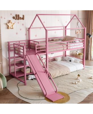 Twin metal House Bunk Bed with Storage Stairs, Slide, Safety Rails
