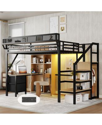 Full Size Loft Bed with Desk, Charging Station, Storage and LED Lights