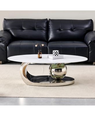  51.2" Oval Faux Marble Coffee Table with Silver Stainless Steel Base