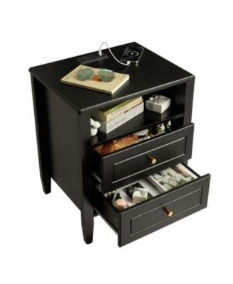 Nightstand with Charging Station, Modern Bedside Table with 2 Drawers and Open Storage Shelf