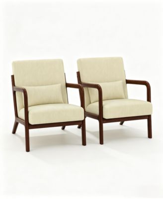 Set of 2 Corduroy Accent Chairs with Lumbar Pillows, Mid-Century Wood Frame