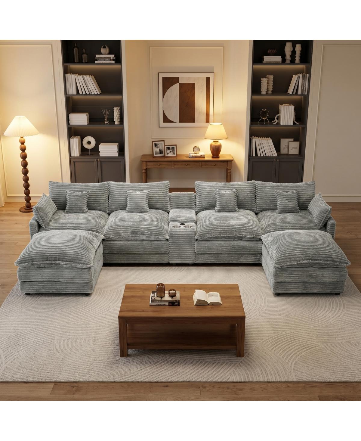 Streamdale Furniture 145" U-Shaped Oversized Corduroy Modular Sectional Sofa with Usb Port