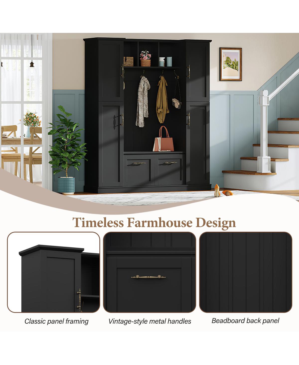 Streamdale Furniture Farmhouse Hall Tree with 4 Side Cabinets, Bench, and Coat Rack