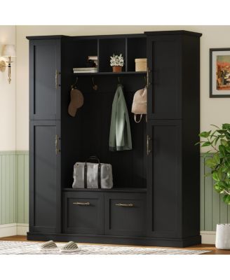 Farmhouse Hall Tree with 4 Side Cabinets, Bench, and Coat Rack