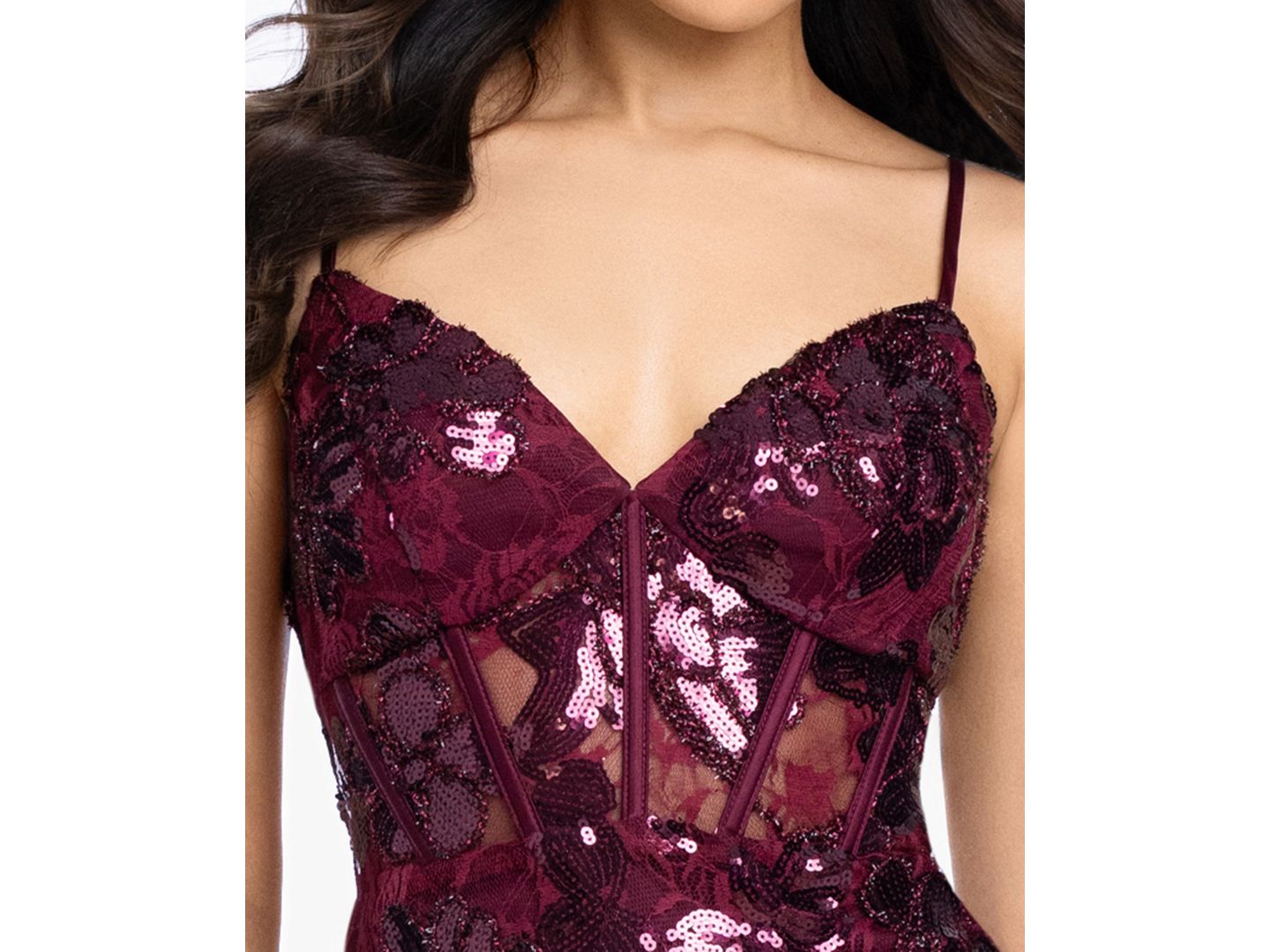 Женское платье Blondie Nites Juniors' Floral Sequin Lace Corset-Inspired Bodycon Mini, цвет: Винный — фото 4