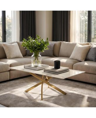  Faux Marble and Gold Rectangular Coffee Table with Tempered Glass Top