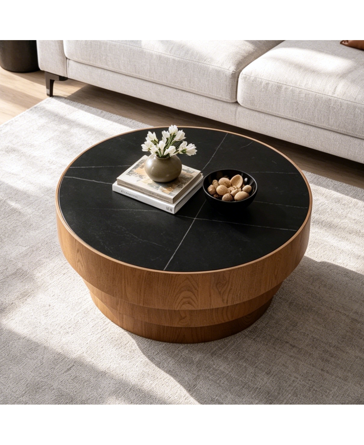 Streamdale Furniture 31.5" Round Sintered Stone Coffee Table with Tiered Wood Base