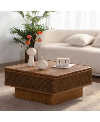 31.52" Square Rattan and Hemp Rope Coffee Table with Adjustable Storage