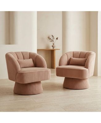 360degree(s) Swivel Barrel Chair Set of 2, Ultra-Plush Corduroy Seat with Cloud-Like Padding and Striped Backrest, Round Armchair