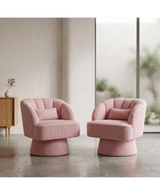 360degree(s) Swivel Barrel Chair Set of 2, Ultra-Plush Corduroy Seat with Cloud-Like Padding and Striped Backrest, Round Armchair