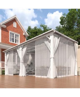 16' x 12'Wall Mounted Hardtop Gazebo Lean to Metal Pergola with Curtains Netting Patio