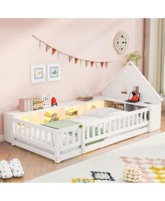 Twin Wood House Floor Bed with Storage, LED, USB and Outlets