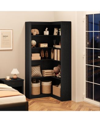71.8" L-Shaped Farmhouse Corner Bookshelf, 5-Tier Wood Bookcase with Anti-Tipping Kit