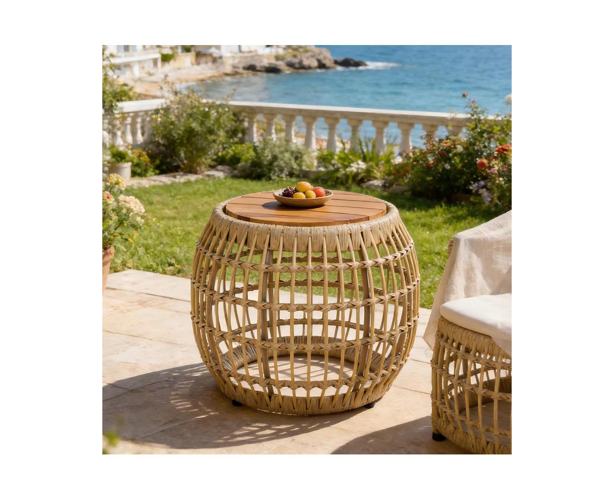 sumyeg Acacia Wood Outdoor Side Table with Wicker Base, Round Accent Table