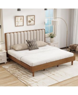 King Size Wood Bed with Piano Key Style Upholstered Headboard, Strengthened Frame, Wood Slats, No Box Spring Needed