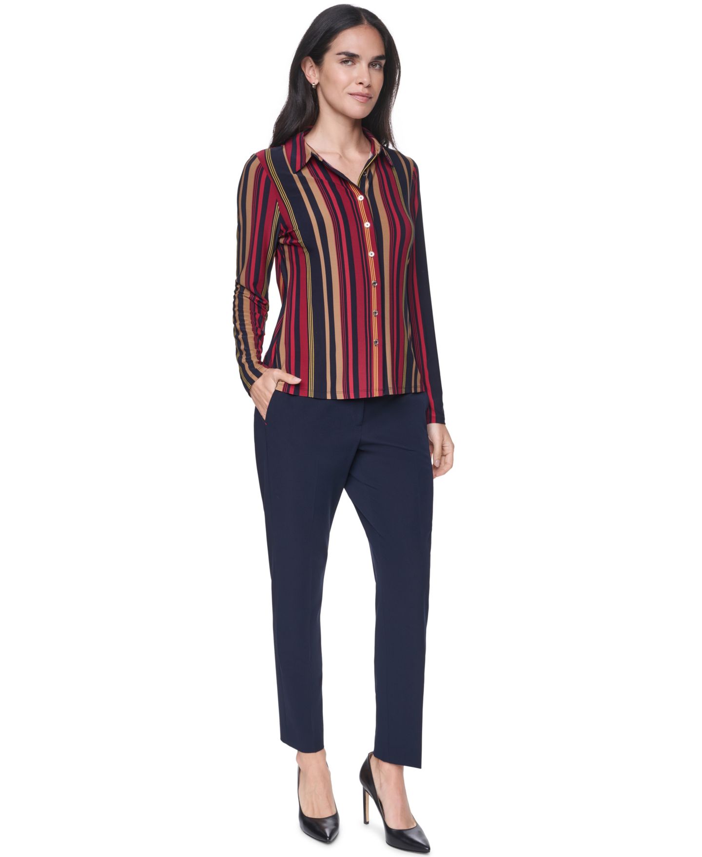 Женский топ Tommy Hilfiger Long-Sleeve Striped Knit Button-Up Top, цвет: Полуночный разноцветный — фото 2