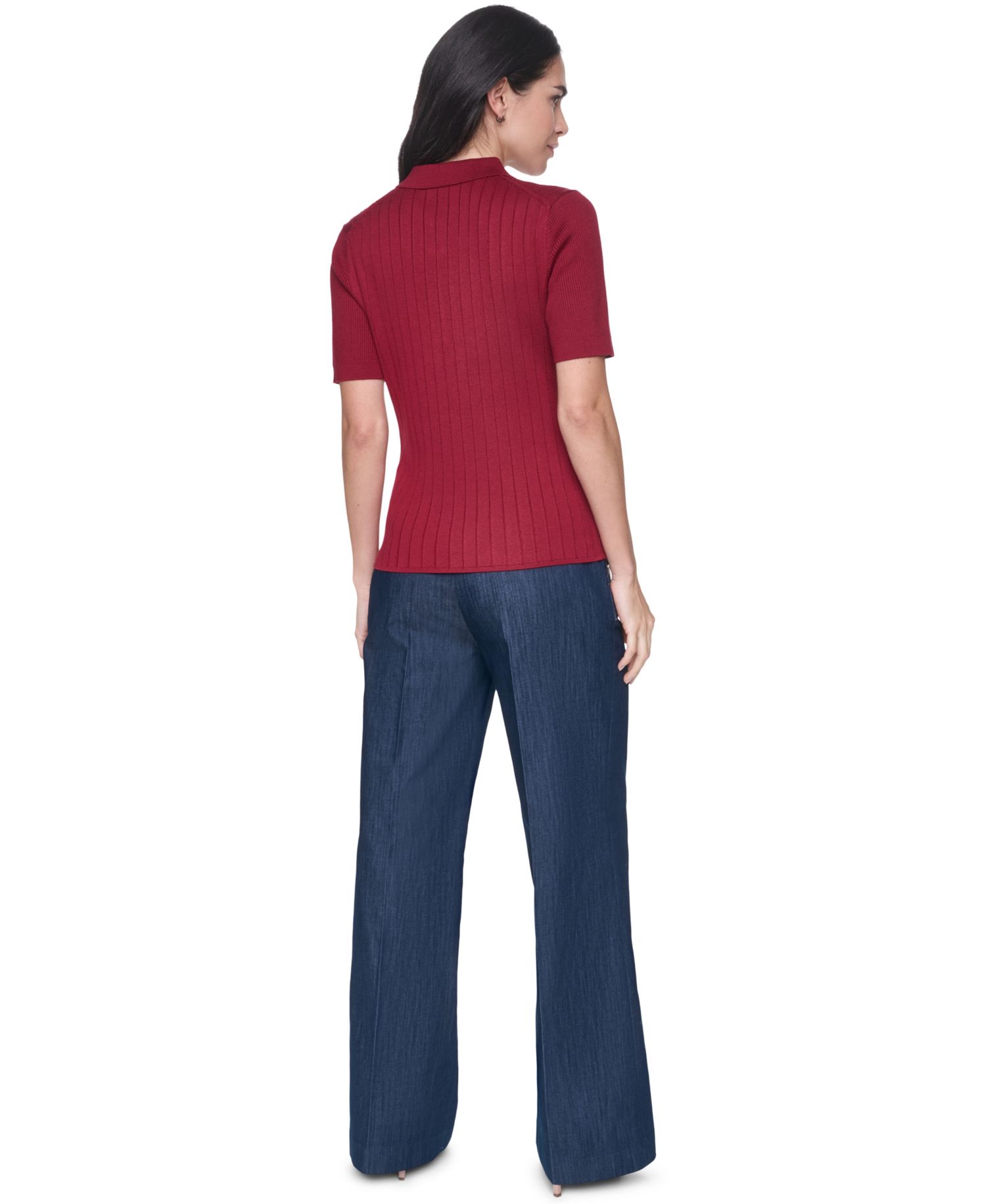 Women's Short-Sleeve Polo Ribbed Sweater