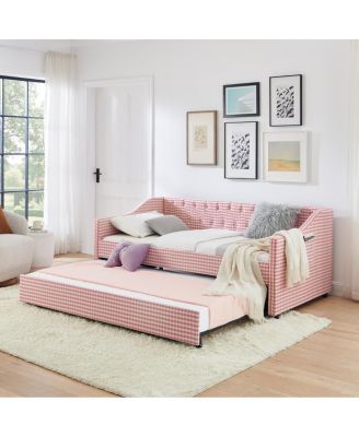 Upholstered Twin Daybed with Trundle, Side Storage and Tufted Backrest