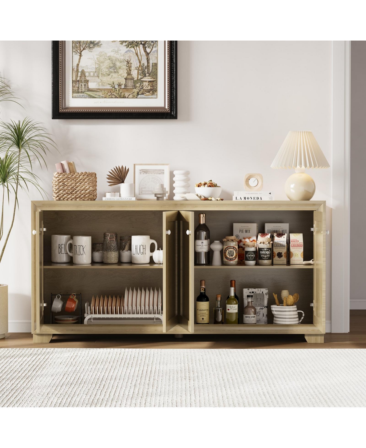 homfan 60" Buffet Cabinet 4-Door Sideboard with Adjustable Shelves, Farmhouse Coffee Bar Console for Living Room and Kitchen