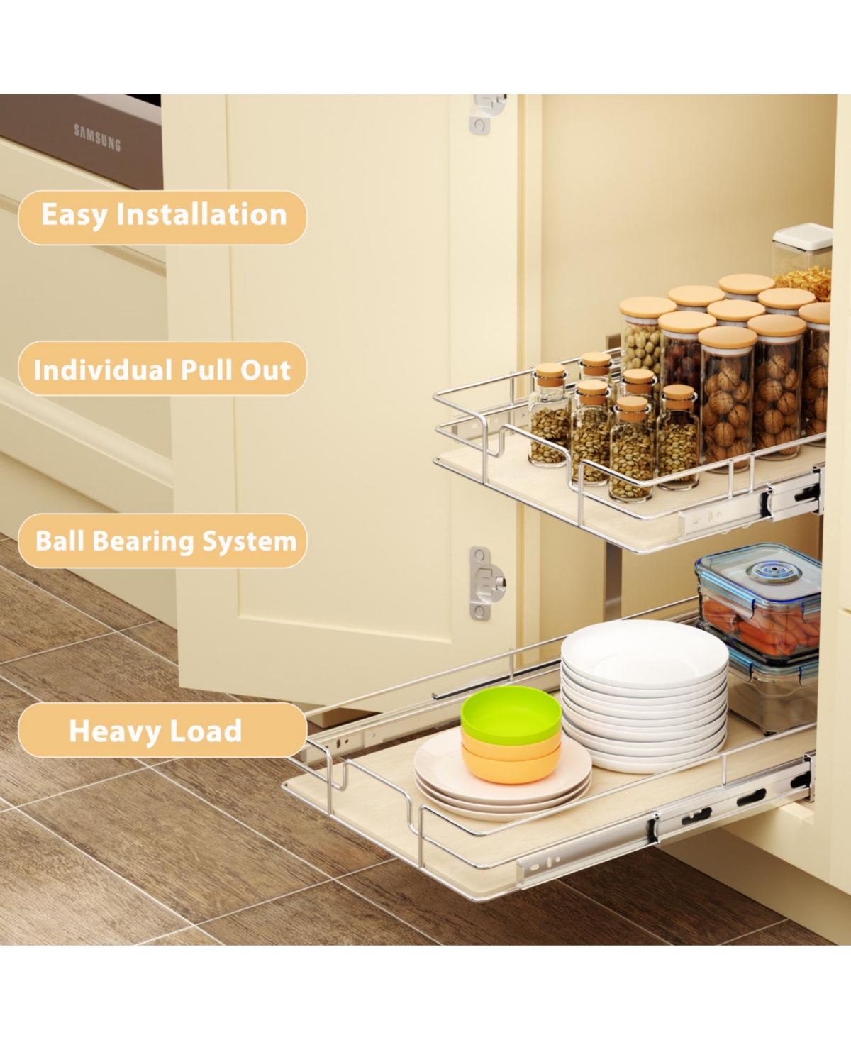 Lovmor 2 Tier Individual Pull Out Cabinet Organizer D Slide Wood Shelves Storage for Kitchen