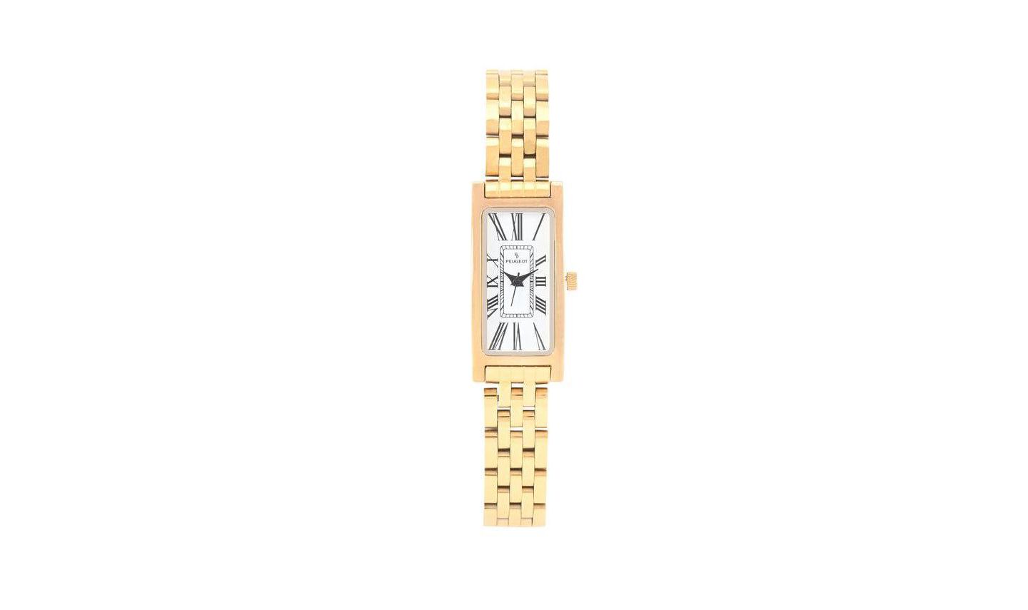 Женские часы Peugeot 35x18mm 14K Gold-Plated Rectangular Roman Numeral Stainless Steel Watch, цвет: Золотой — фото 1