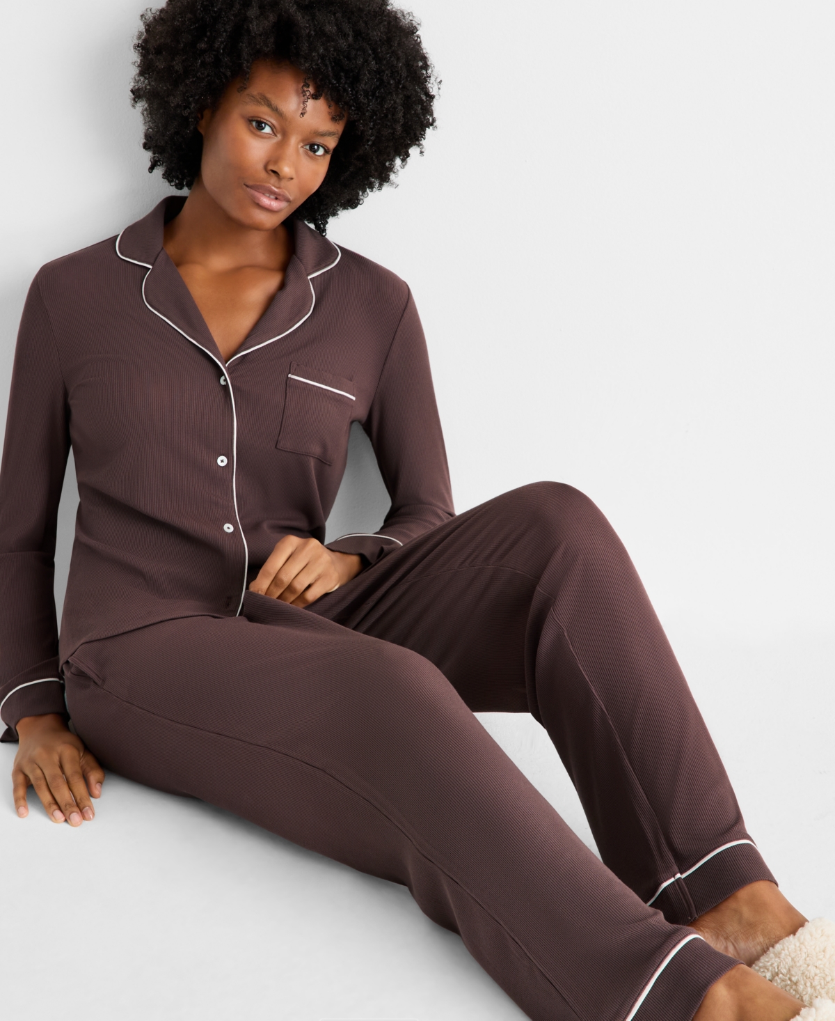 State of Day Women's 2-Pc. Packaged Ribbed Notched-Collar Pajamas Set Xs-3X, Created for Macy's