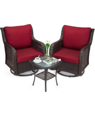 3-Piece 360degree(s) Swivel Rocking Wicker Chair Set with Tempered Glass Side Table & Cushions