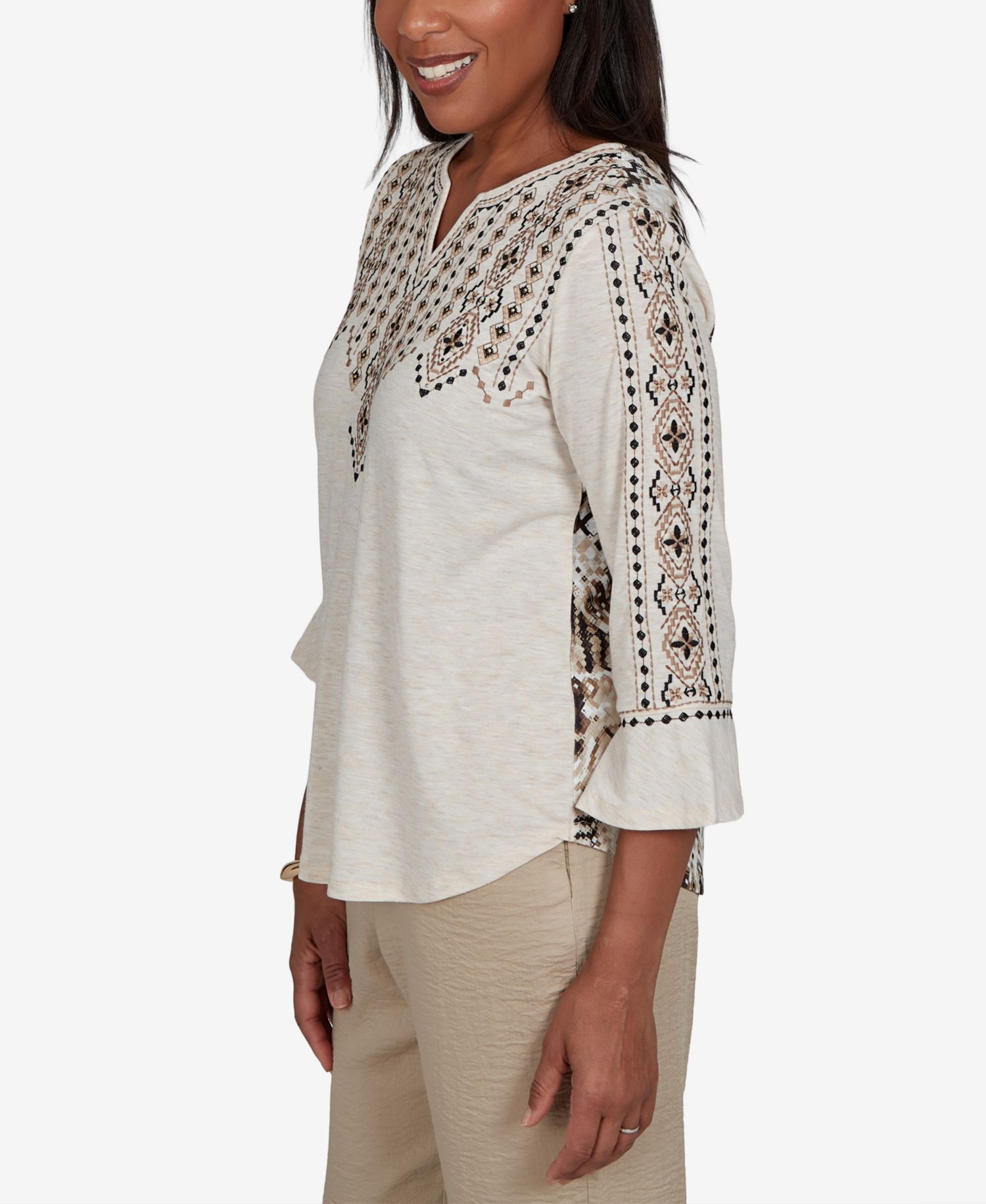 Women's Travel Advisory Geo Embroidered Printed Back Top