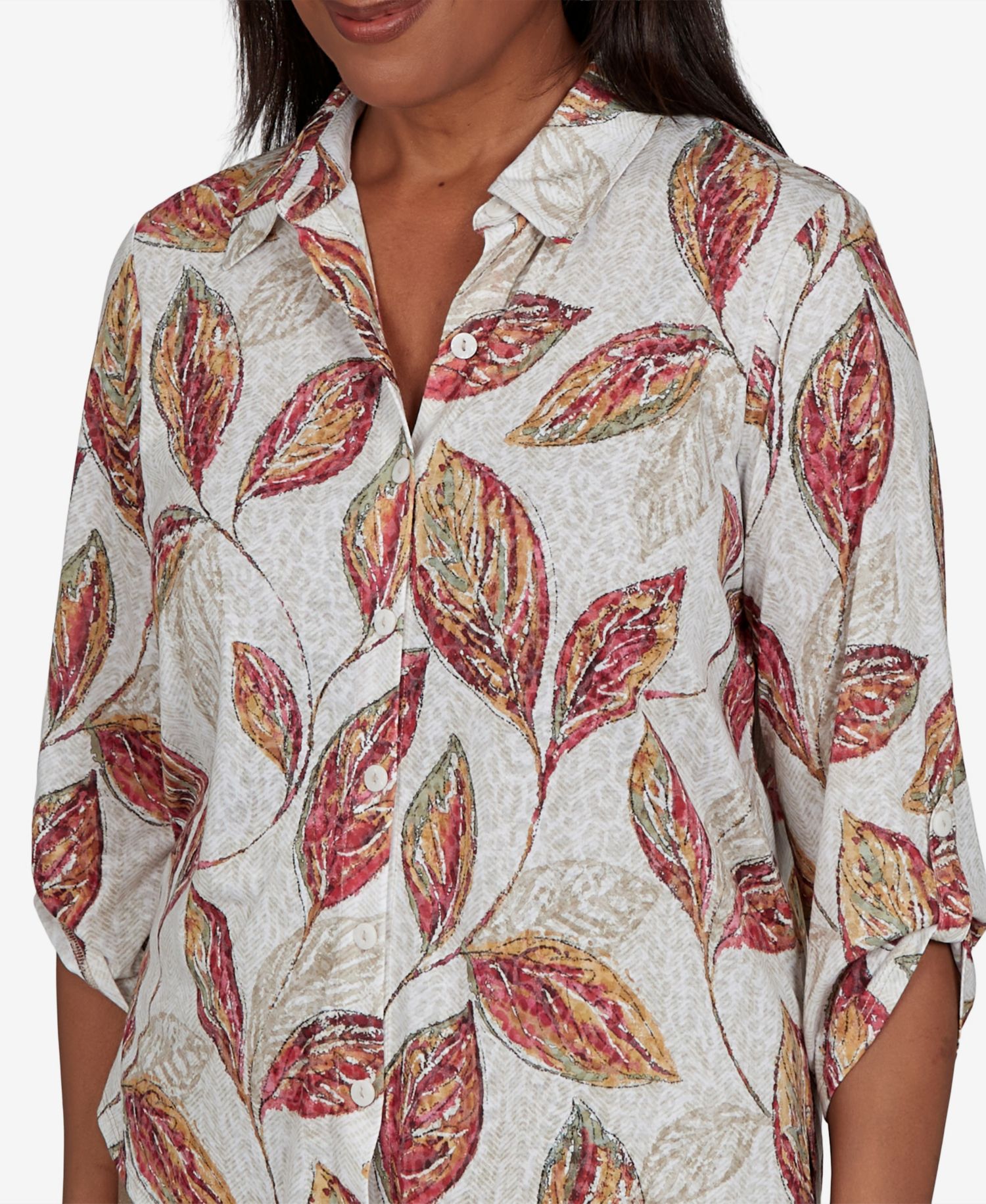 Women's Union Square Sketched Leaf Button Front Knit Top