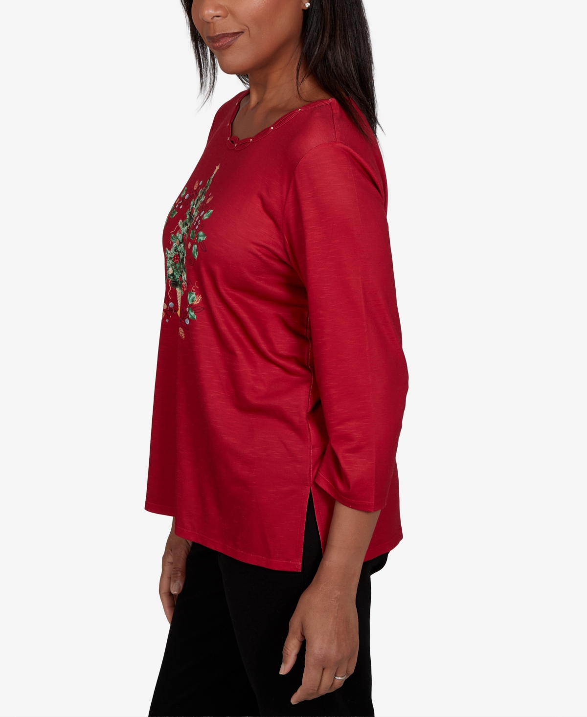 Alfred Dunner Women's Classic Christmas Tree Braided Neck Top