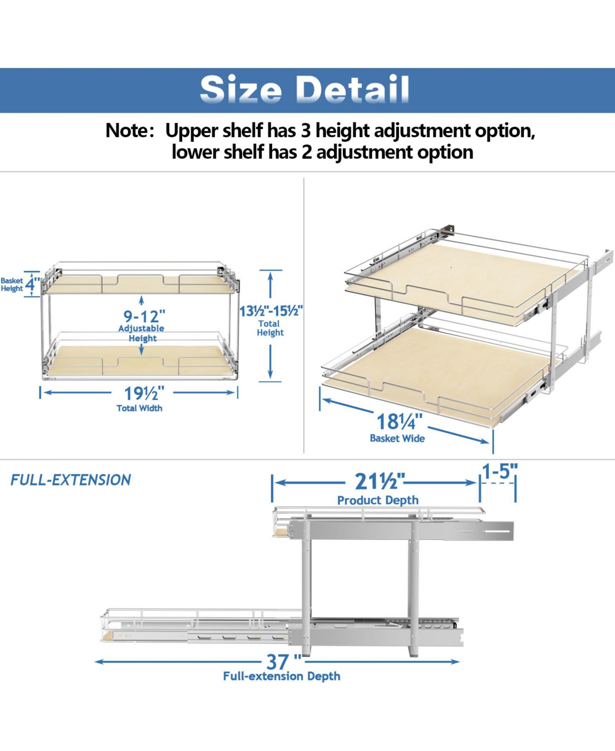 Lovmor 2 Tier Individual Pull Out Cabinet Organizer D Slide Wood Shelves Storage for Kitchen