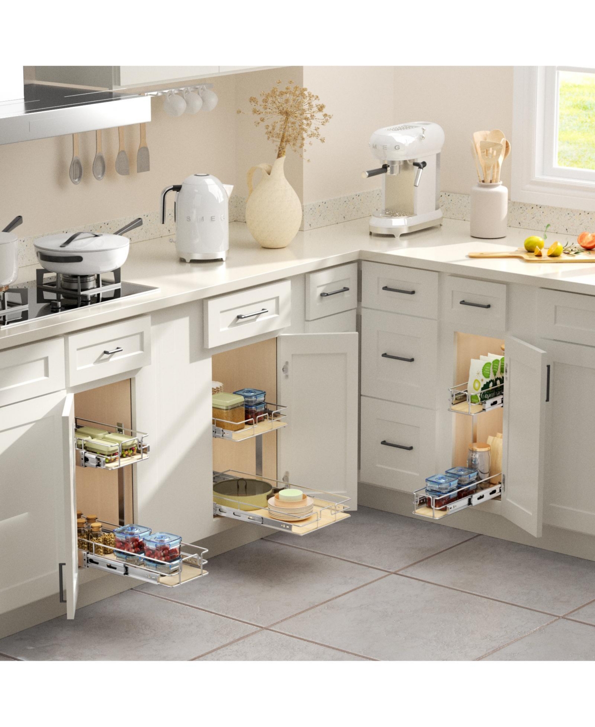 Lovmor 2 Tier Individual Pull Out Cabinet Organizer D Slide Wood Shelves Storage for Kitchen