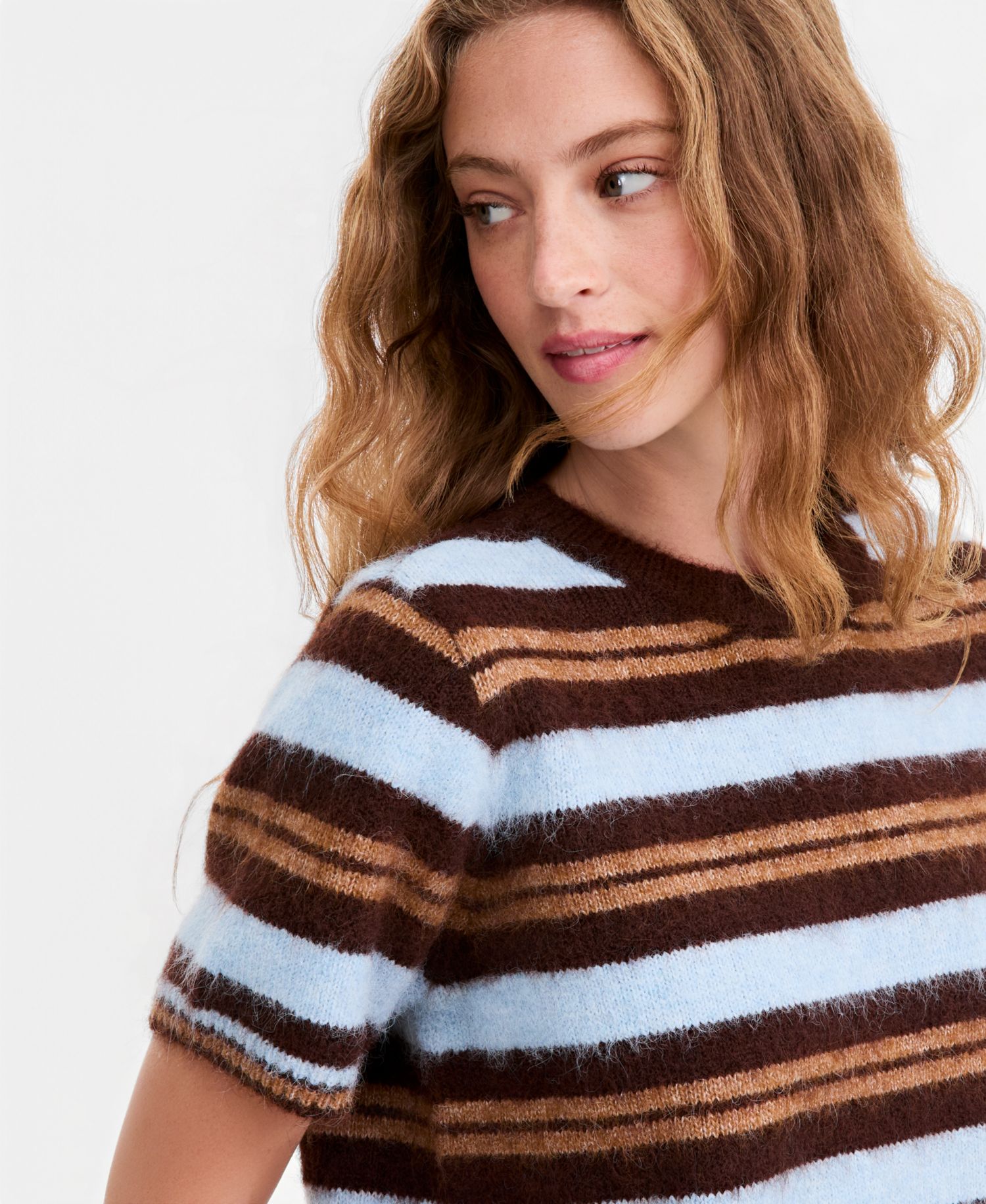 Women's Short-Sleeve Striped Brushed Crop Sweater
