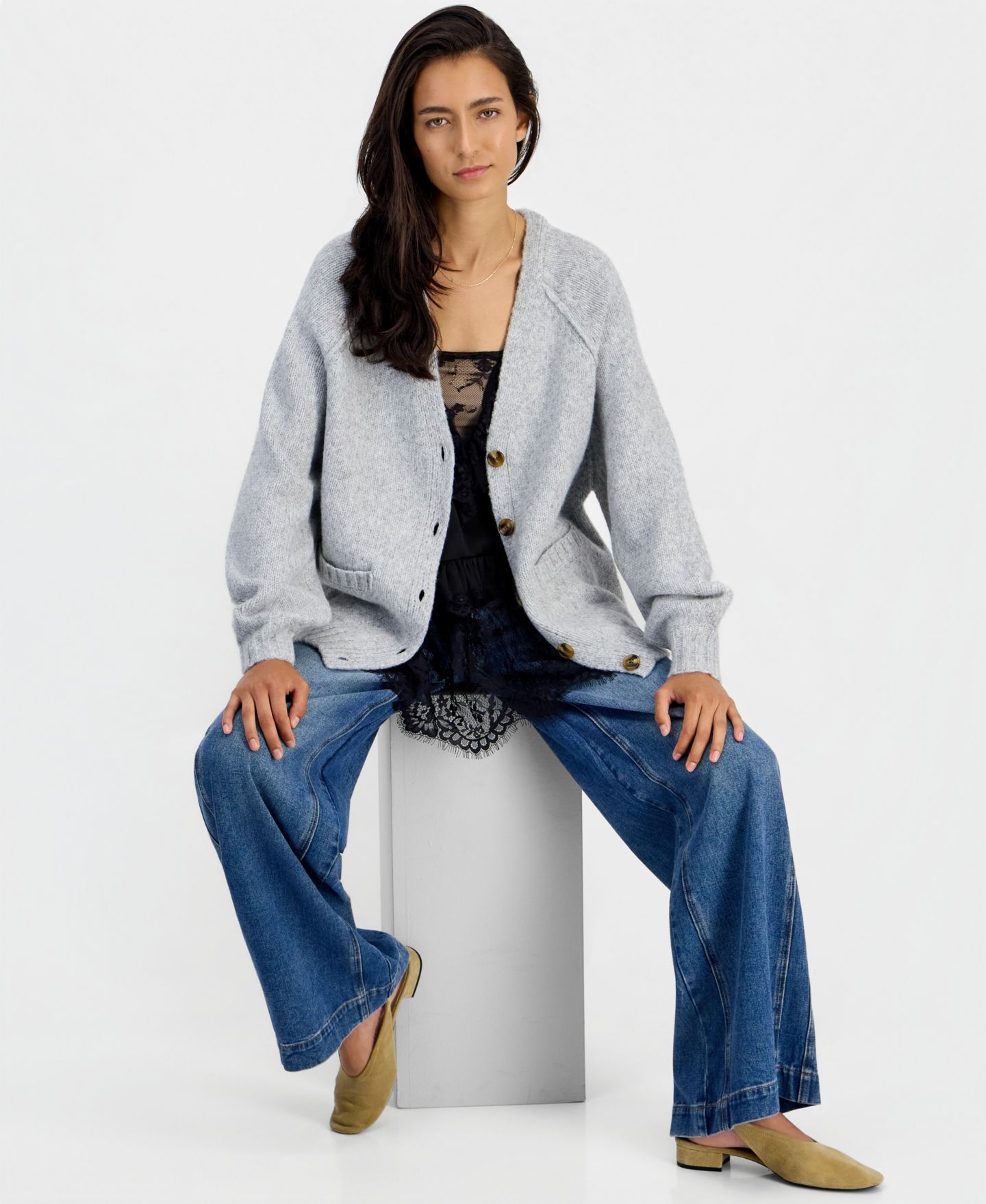 Женский кардиган And Now This Slouchy Ribbed-Knit Button-Up, цвет: Серый — фото 3