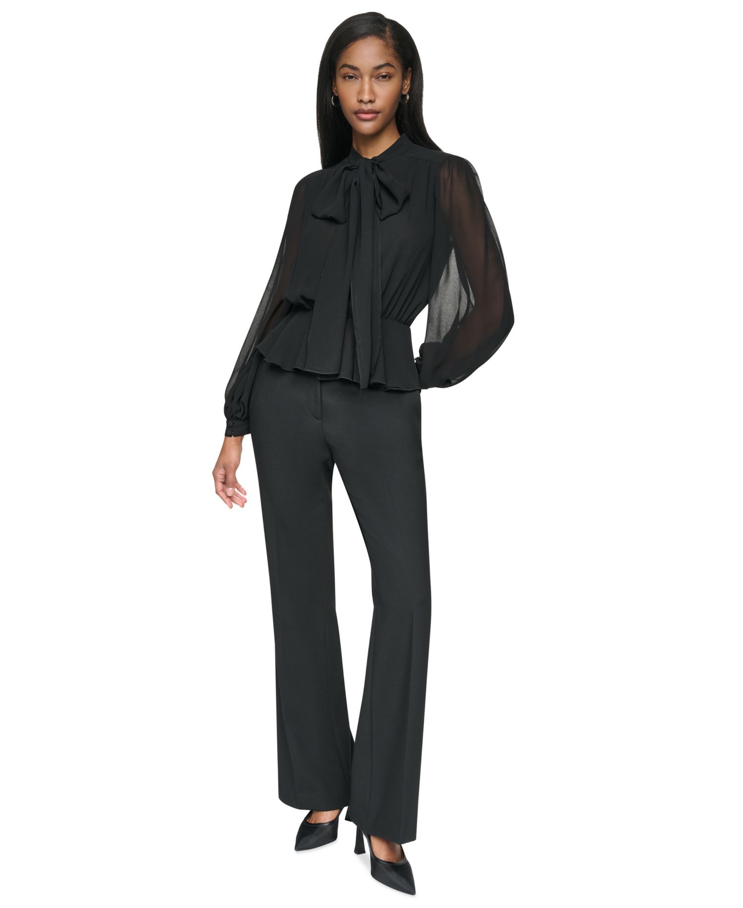 Women's Tie Neck Peplum Long-Sleeve Blouse