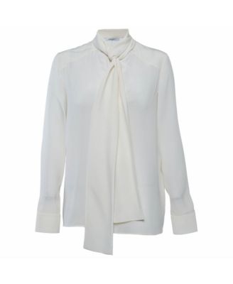 Women's Cream Silk Tie-Neck Long-Sleeve Blouse