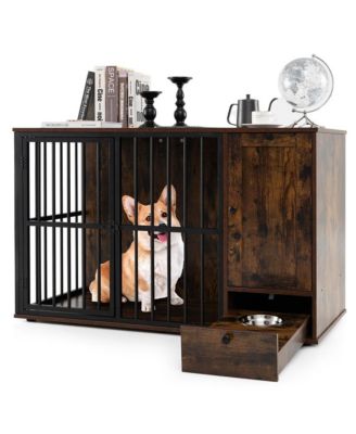 Dog Crate Furniture End Table with Hidden Pull-Out Feeder Bowls