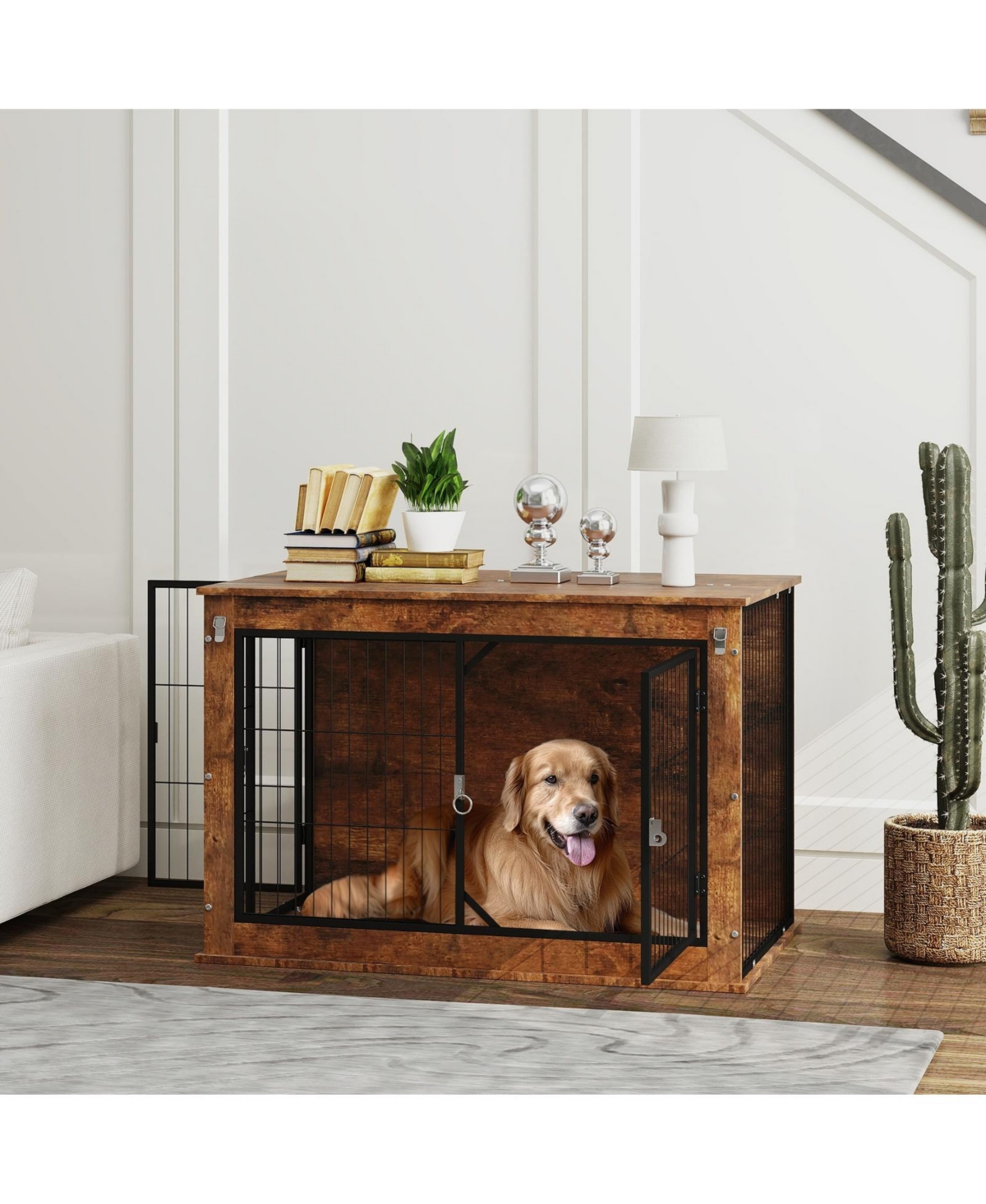 Ruie Dog Crate Furniture End Table with Flip-Up Top and Two Doors