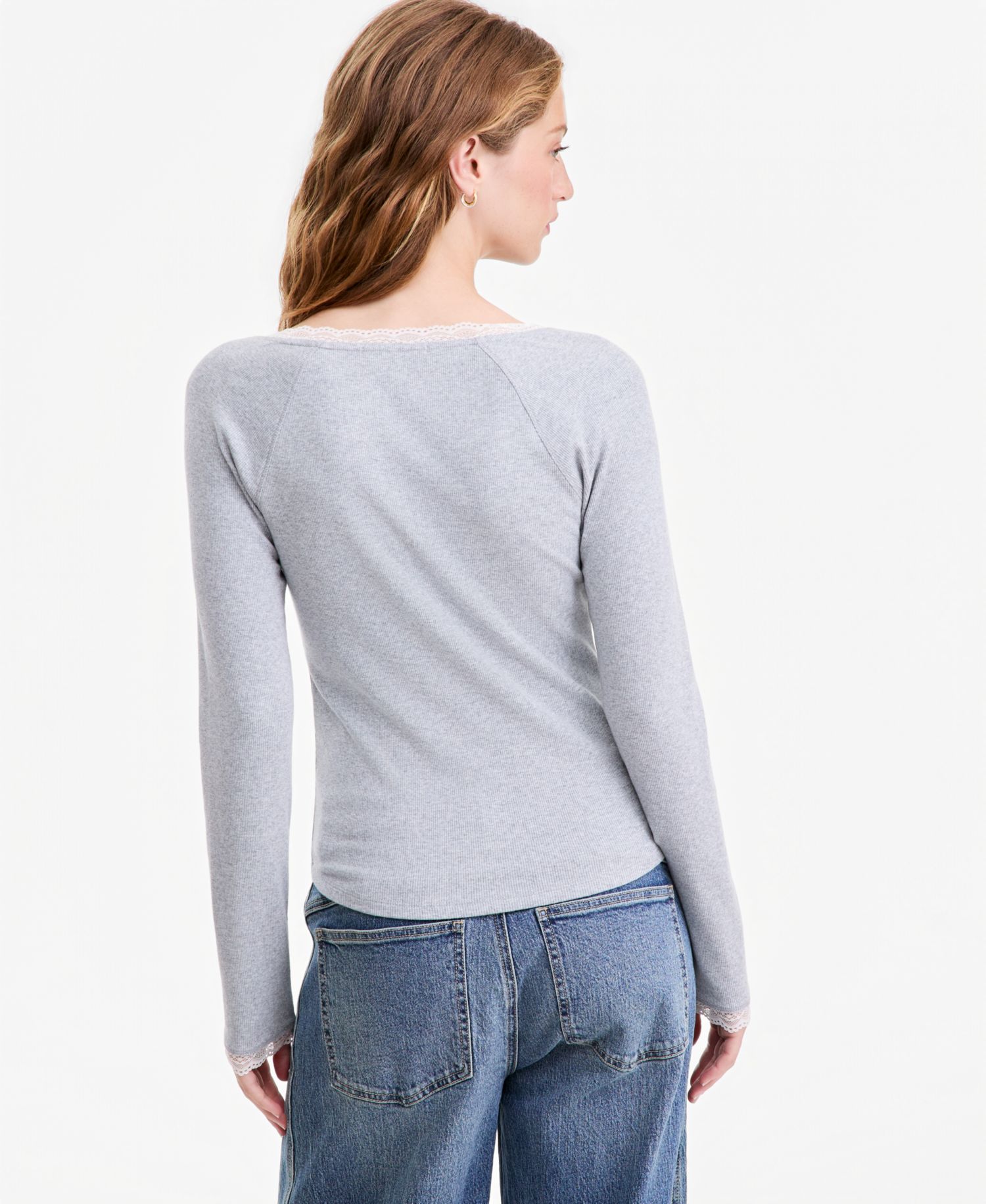 Women's Henley Long-Sleeve V-Neck Lace Trim Top