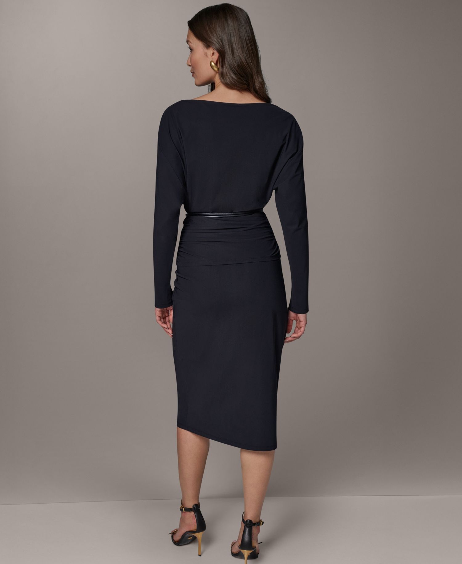 Two-Piece Long-Sleeve Draped Top & Pencil Skirt Set with Belt