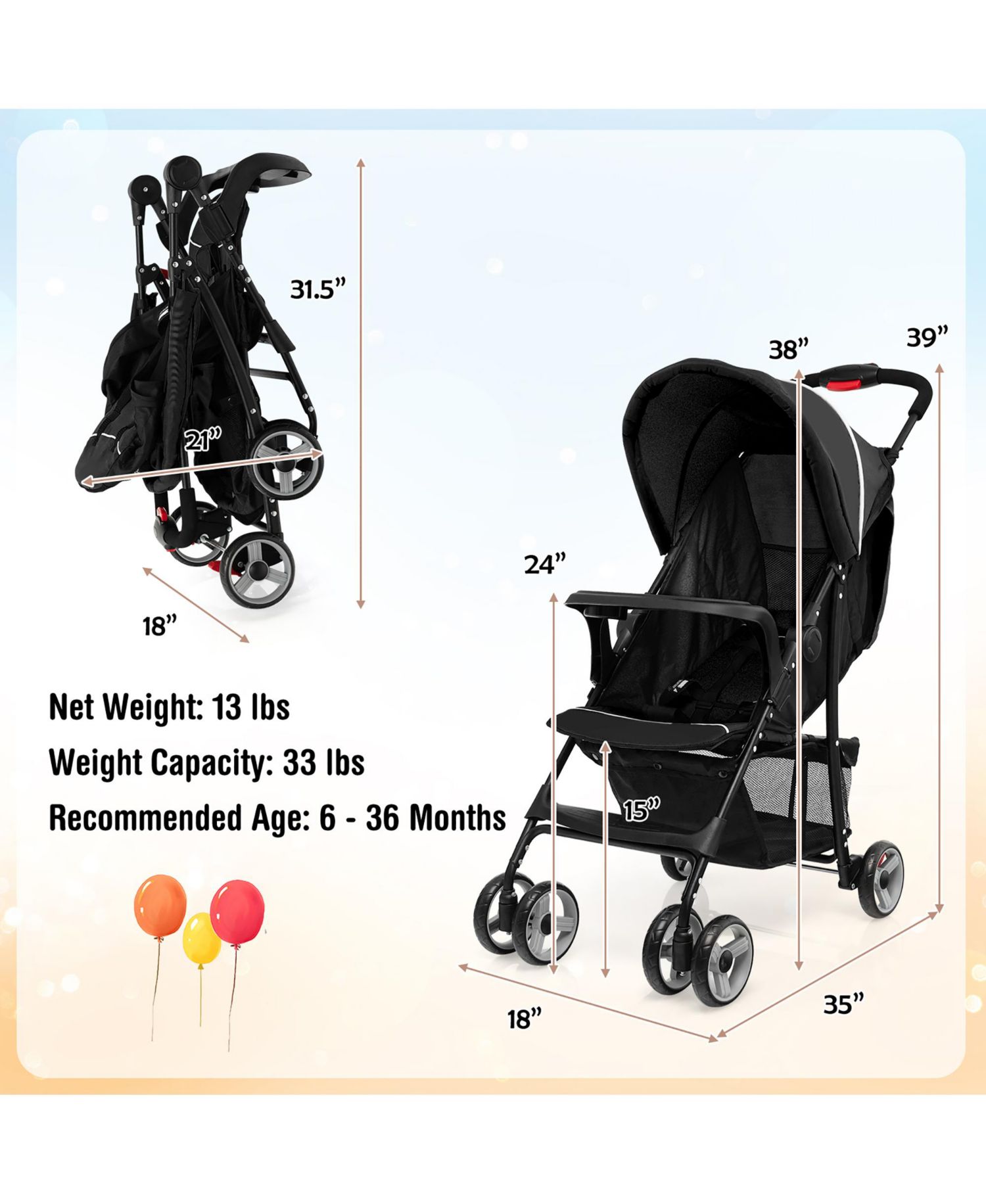/ Foldable, Lightweight, Travel-friendly, 5-Point Safety System / Toddler Stroller