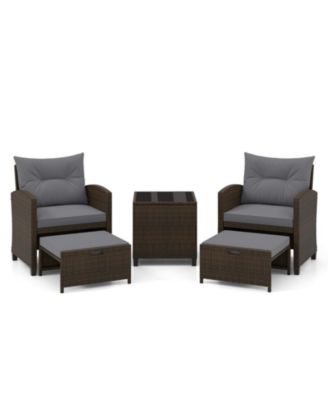 5-Piece Rattan Patio Chair Set with 2 Ottomans and Glass Coffee Table