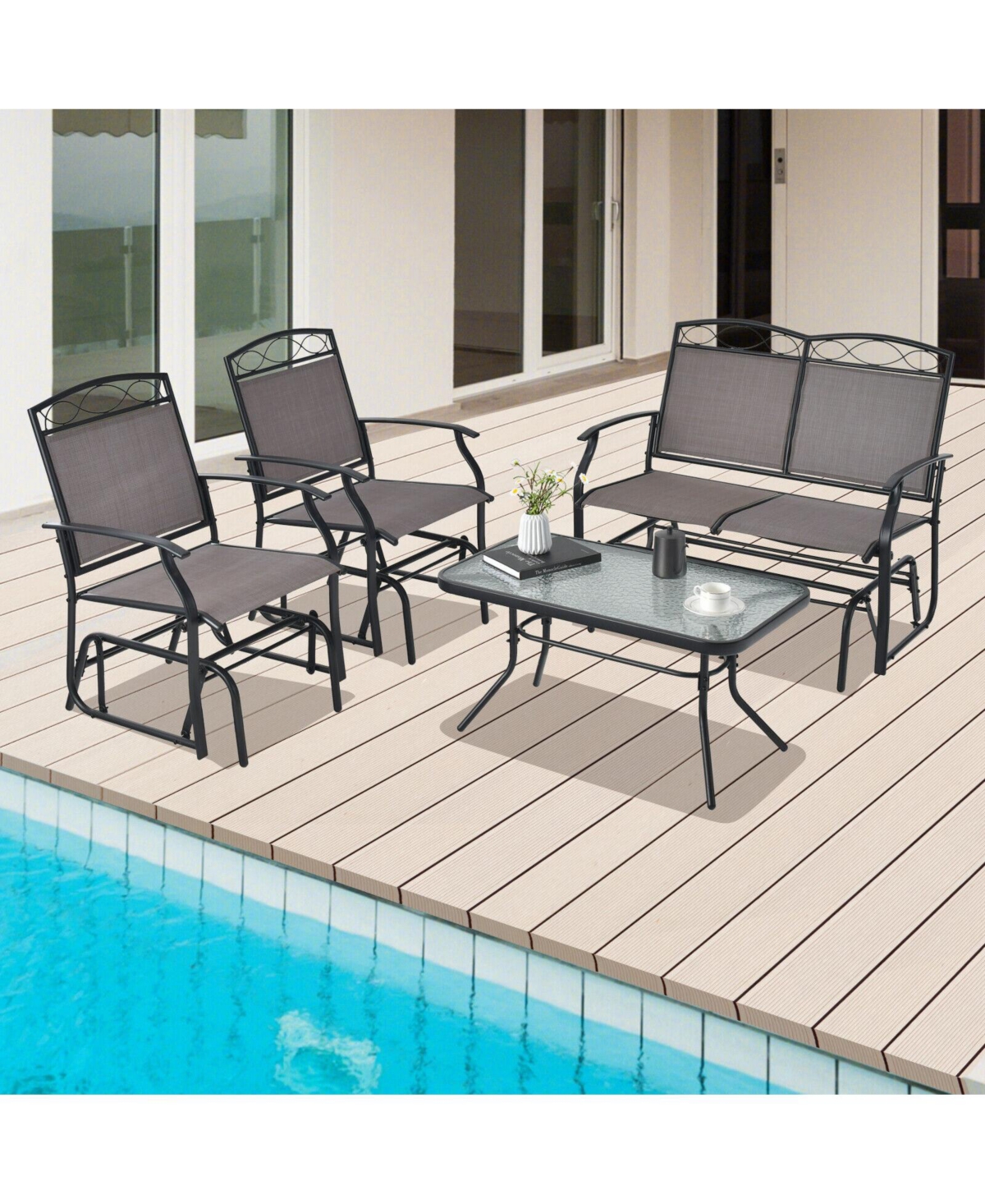 Sugift 4 Piece Patio Glider Conversation Set with Tempered Glass Coffee Table Top